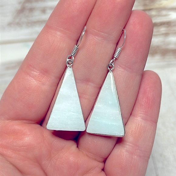 Hemimorphite triangle drop white sterling silver gemstone crystal earrings - Picture 3 of 6